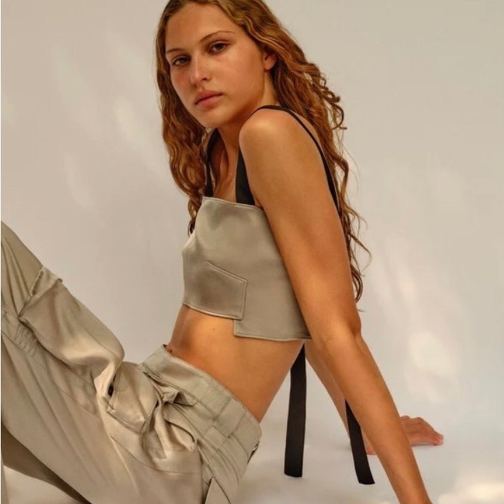 Zara Satin Crop Top in Taupe with Black Straps